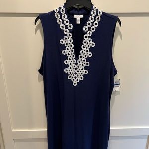 Charter Club Sleeveless Embroidered Dress, Navy / White NWT